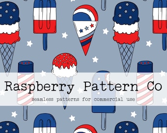 May include: A seamless pattern featuring red, white, and blue ice cream cones, popsicles, and snow cones. The pattern is on a light blue background with white stars. The text "Raspberry Pattern Co. seamless patterns for commercial use" is at the bottom of the image.