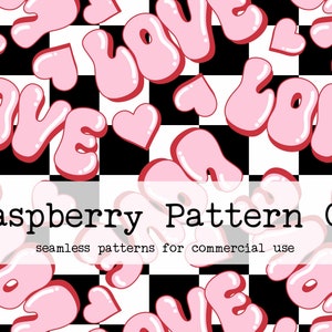 Peut inclure: Un motif sans couture avec du texte rose "LOVE" et des c&oelig;urs sur un fond &agrave; carreaux noir et blanc. Le motif est con&ccedil;u pour un usage commercial.