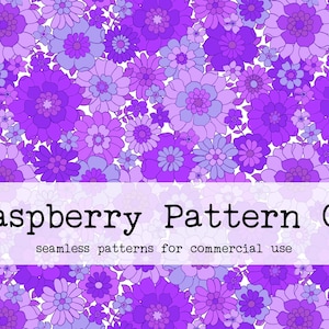 May include: A seamless pattern featuring a repeating design of purple and lavender flowers on a white background. The text "Raspberry Pattern Co. seamless patterns for commercial use" is displayed at the bottom of the image.