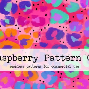May include: A seamless pattern featuring bright, colourful abstract shapes on a pink background. The pattern is reminiscent of animal print, with large, irregular shapes in shades of blue, green, orange, and purple. The text "Raspberry Pattern Co. seamless patterns for commercial use" is displayed across the bottom of the image.