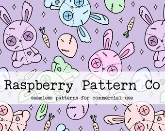 May include: A seamless pattern featuring cute cartoon bunnies with stitched details, hearts, and carrots on a light purple background. The text "Raspberry Pattern Co. seamless patterns for commercial use" is at the bottom of the image.