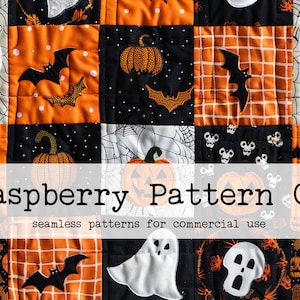 May include: A patchwork quilt with a Halloween theme. The quilt is made up of squares with different patterns, including pumpkins, bats, ghosts, and spiderwebs. The quilt is in orange, black, and white colors. The text "Raspberry Pattern Co. seamless patterns for commercial use" is printed on a white banner across the middle of the quilt.