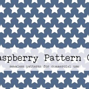 May include: A seamless pattern featuring white stars on a blue background. The text "Raspberry Pattern Co. seamless patterns for commercial use" is at the bottom of the image.