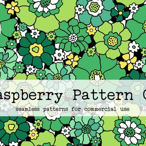 May include: A seamless pattern featuring green, yellow, and white flowers on a white background. The pattern is titled "Raspberry Pattern Co. seamless patterns for commercial use".