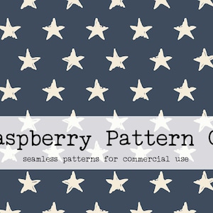 Puede incluir: Un patrón sin costuras con un diseño repetitivo de estrellas blancas sobre un fondo azul oscuro. El texto "Raspberry Pattern Co. seamless patterns for commercial use" está en la parte inferior de la imagen.