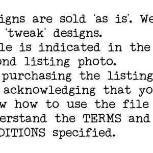 Peut inclure: Image de texte avec des instructions pour l'achat de designs num&eacute;riques. Le texte indique que les designs sont vendus 'en l'&eacute;tat' et que l'acheteur est responsable de la compr&eacute;hension des termes et conditions.