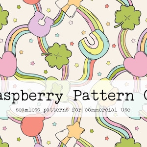 May include: A seamless pattern featuring rainbows, hearts, four-leaf clovers, stars, and horseshoes in pastel colors on a light beige background. The text "Raspberry Pattern Co. seamless patterns for commercial use" is at the bottom of the image.