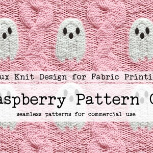 May include: A seamless pattern featuring white ghosts on a pink knitted background. The text "Raspberry Pattern Co" and "seamless patterns for commercial use" is displayed below the pattern.