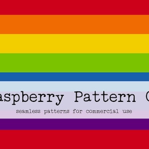 Może przedstawiać: Tło w pasy w kolorach tęczy z tekstem "Raspberry Pattern Co" i sloganem "seamless patterns for commercial use" w czarnym kolorze.