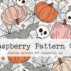 May include: A seamless pattern featuring a repeating design of orange and pink pumpkins, bats, skulls, and spiderwebs. The pattern is on a white background and includes the text "Raspberry Pattern Co. seamless patterns for commercial use".