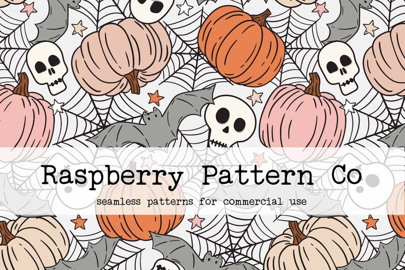 May include: A seamless pattern featuring a repeating design of orange and pink pumpkins, bats, skulls, and spiderwebs. The pattern is on a white background and includes the text "Raspberry Pattern Co. seamless patterns for commercial use".