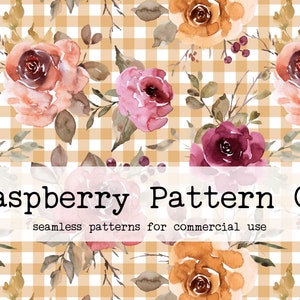 Watercolor Fall Gingham Floral White Seamless Pattern Boho Neutral for Commercial Use, fall seamless, floral seamless, gingham seamless