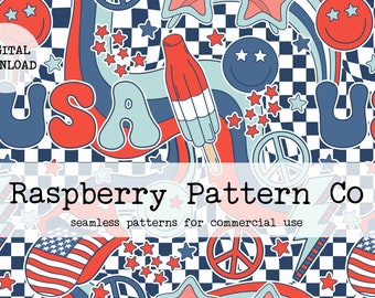 Retro Patchwork Seamless File, Patriotic Patchwork digital paper, USA Collage seamless, Stars and Stripes patchwork ,4th of July seamless