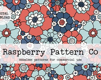 Retro Fourth of July Muted Floral Seamless File, America Americana Floral, USA Patriotic seamless pattern, Red White Blue seamless pattern