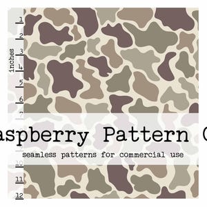 May include: Digital download of a seamless pattern featuring organic shapes in shades of brown, tan, and olive green. The pattern is displayed with a ruler showing measurements in inches. The text "Raspberry Pattern Co" is also visible.