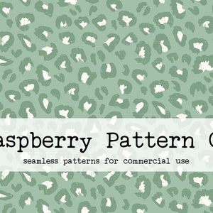 May include: Seamless pattern featuring a green background with white leopard spots. The pattern is titled "Raspberry Pattern Co. seamless patterns for commercial use".