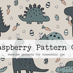 May include: A seamless pattern featuring cute cartoon dinosaurs with bunny ears, holding carrots, and surrounded by stars and striped eggs. The pattern is in shades of blue and green on a light brown background. The text "Raspberry Pattern Co. seamless patterns for commercial use" is at the bottom of the image.