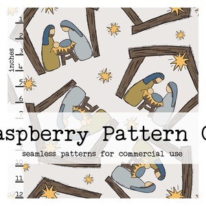 May include: A seamless pattern featuring a repeating design of a nativity scene with a yellow star, a brown manger, and three figures in blue and yellow clothing. The background is a light gray color.
