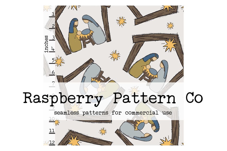 May include: A seamless pattern featuring a repeating design of a nativity scene with a yellow star, a brown manger, and three figures in blue and yellow clothing. The background is a light gray color.