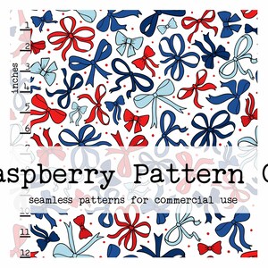 May include: A seamless pattern featuring red, blue, and light blue bows on a white background. The pattern is ideal for crafting, scrapbooking, and other creative projects.