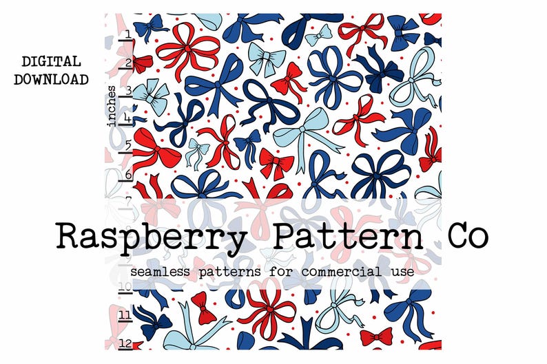 May include: A seamless pattern featuring red, blue, and light blue bows on a white background. The pattern is ideal for crafting, scrapbooking, and other creative projects.