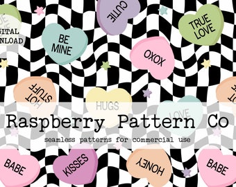 May include: A seamless pattern featuring a black and white chequered background with colourful candy hearts. The hearts have various messages on them, including "True Love", "Be Mine", "Hot Stuff", "Hugs", "Cutie", "Oxox", "Babe", "Honey", "Kisses", and "Love".