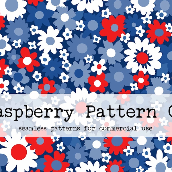 Fourth of July Retro Daisy Floral Seamless File for Commercial Use, USA Patriotic 4th of July seamless file, Red White Blue seamless pattern