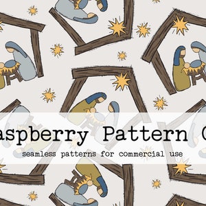 May include: A seamless pattern featuring a repeating design of a nativity scene with a star above the stable. The scene is depicted in a simple, cartoon style with brown, yellow, blue, and gray colors. The text "Raspberry Pattern Co. seamless patterns for commercial use" is at the bottom of the image.