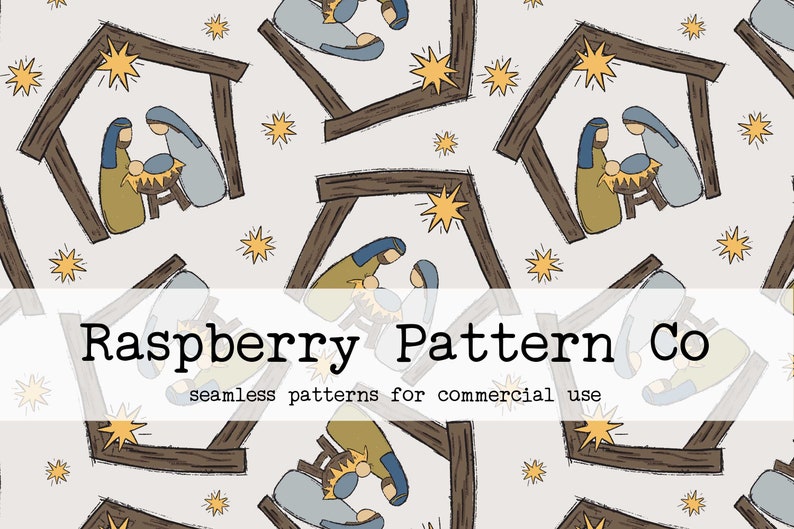 May include: A seamless pattern featuring a repeating design of a nativity scene with a star above the stable. The scene is depicted in a simple, cartoon style with brown, yellow, blue, and gray colors. The text "Raspberry Pattern Co. seamless patterns for commercial use" is at the bottom of the image.