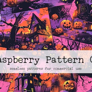 以下が含まれることがあります： ピンク、パープル、オレンジ、ブラックの鮮やかなカラーパレットで、幽霊屋敷、ジャック・オー・ランタン、コウモリ、木々など、不気味なハロウィーンのシーンが描かれたシームレスパターン。画像の下部には「Raspberry Pattern Co. seamless patterns for commercial use」というテキストがあります。