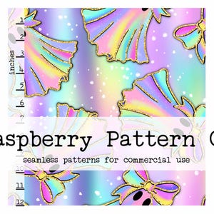May include: A digital download featuring a seamless pattern with a pastel rainbow gradient background. The design includes repeating butterfly and bow shapes with gold glitter accents. The text "Raspberry Pattern Co" and "seamless patterns for commercial use" are also present.