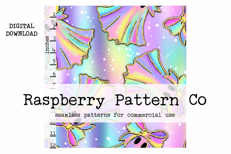 May include: A digital download featuring a seamless pattern with a pastel rainbow gradient background. The design includes repeating butterfly and bow shapes with gold glitter accents. The text "Raspberry Pattern Co" and "seamless patterns for commercial use" are also present.