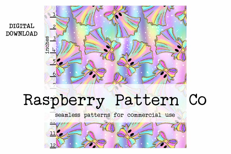 May include: A digital download pattern featuring a repeating design of pastel ghosts with rainbow wings and bows, outlined in gold. The background is a gradient of blues and purples with white speckles. Text includes "Raspberry Pattern Co" and "seamless patterns for commercial use."