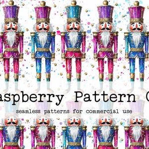 May include: A seamless pattern featuring a repeating design of nutcracker soldiers with pink and blue glitter accents. The nutcrackers are wearing traditional hats and uniforms. The background is white with colourful watercolour splatters.