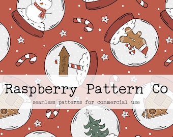 Snow Globe Gender Neutral Seamless Pattern File, Christmas seamless repeat pattern, Gingerbread seamless, Snowman seamless, Christmas Tree