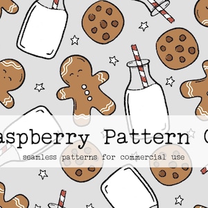 Puede incluir: Un patrón sin costuras que presenta hombres de jengibre, galletas con chispas de chocolate y botellas de leche con pajitas rayadas rojas y blancas. El fondo es gris claro con estrellas blancas. El texto "Raspberry Pattern Co. seamless patterns for commercial use" está en la parte inferior de la imagen.