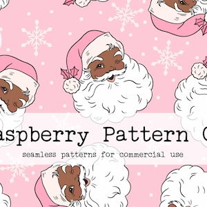 May include: A pink seamless pattern featuring cartoon illustrations of Santa Claus with a white beard and pink hat. The text "Raspberry Pattern Co" and "seamless patterns for commercial use" are also visible.