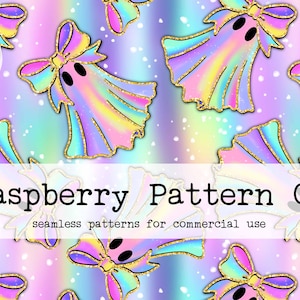 May include: A seamless pattern featuring cartoon ghosts with bows in pastel rainbow colors and gold glitter accents. The text "Raspberry Pattern Co" and "seamless patterns for commercial use" are also visible.