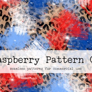 May include: Abstract seamless pattern featuring a leopard print background with red, white, and blue brushstrokes. The text "Raspberry Pattern Co. seamless patterns for commercial use" is at the bottom of the image.