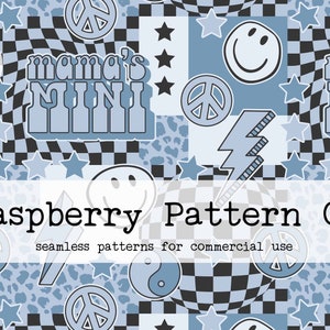 May include: A seamless pattern featuring a chequered background with various blue and white stickers, including peace signs, smiley faces, stars, and the text "mama's mini".