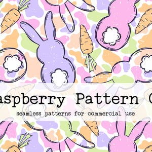 May include: A seamless pattern featuring bunnies, carrots, and abstract shapes in pastel colors. The design includes the text "Raspberry Pattern Co" and "DIGITAL DOWNLOAD". This pattern is suitable for commercial use.