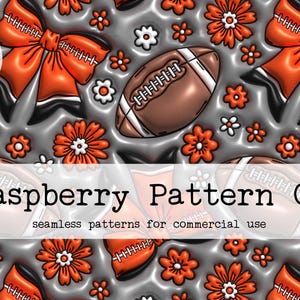 May include: A seamless pattern featuring orange and black footballs, bows, and flowers on a gray background. The pattern is titled "Raspberry Pattern Co. seamless patterns for commercial use".