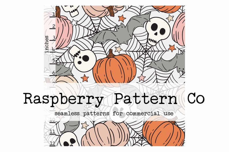 May include: A seamless pattern featuring a white background with orange and pink pumpkins, gray bats, white skulls, and black spiderwebs. The text "Raspberry Pattern Co. seamless patterns for commercial use" is at the bottom of the image.