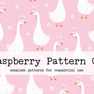 May include: A seamless pattern featuring white geese with bunny ears on a pink background with white flowers. The text "Raspberry Pattern Co. seamless patterns for commercial use" is at the bottom of the image.