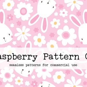 May include: A seamless pattern featuring white bunnies and daisies on a pink background. The bunnies have pink ears and cheeks. The text "Raspberry Pattern Co" is displayed in a white banner.