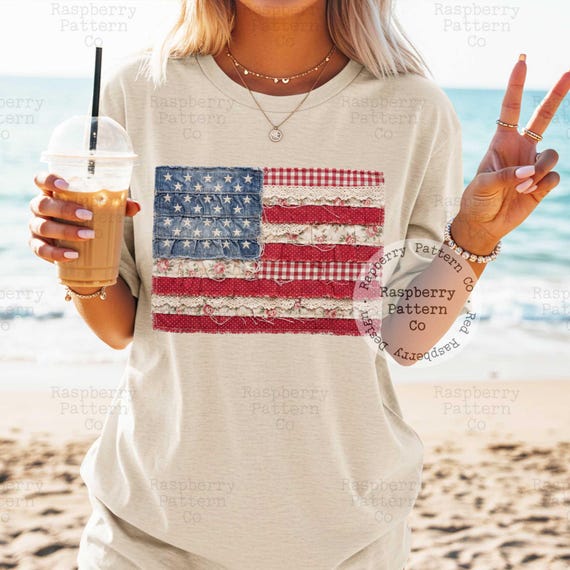 Faux Patchwork Grandma Core Fourth of July USA Flag PNG, Trendy 4th of July PNG, Vintage Style Americana, Frilly Ruffle Flag png
