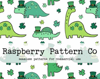 May include: A seamless pattern featuring green dinosaurs wearing green hats with gold buckles. The dinosaurs are surrounded by green shamrocks. The text "Raspberry Pattern Co. seamless patterns for commercial use" is at the bottom of the image.