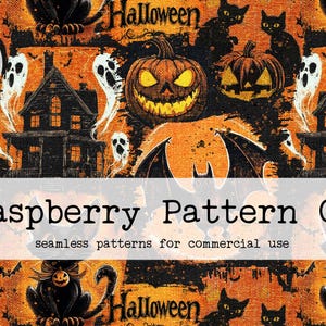 May include: A seamless pattern featuring a Halloween theme with black cats, bats, ghosts, and pumpkins on an orange background. The text "Halloween" appears twice in the pattern. The text "Raspberry Pattern Co. seamless patterns for commercial use" appears at the bottom of the image.