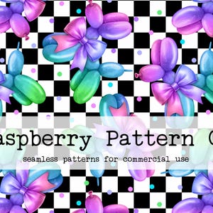Puede incluir: Descarga digital con un patrón repetitivo de animales de globos con lazos en tonos morados, azules y verdes, sobre un fondo a cuadros blanco y negro. Se muestra el texto "Raspberry Pattern Co".