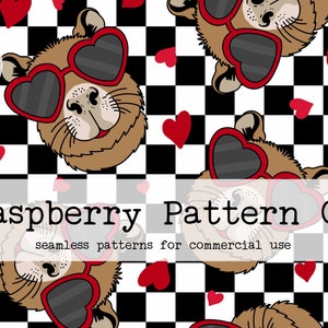 May include: A seamless pattern featuring cartoon brown bears wearing heart-shaped sunglasses on a black and white checkered background with red hearts scattered throughout. The pattern is perfect for Valentine's Day or any occasion.